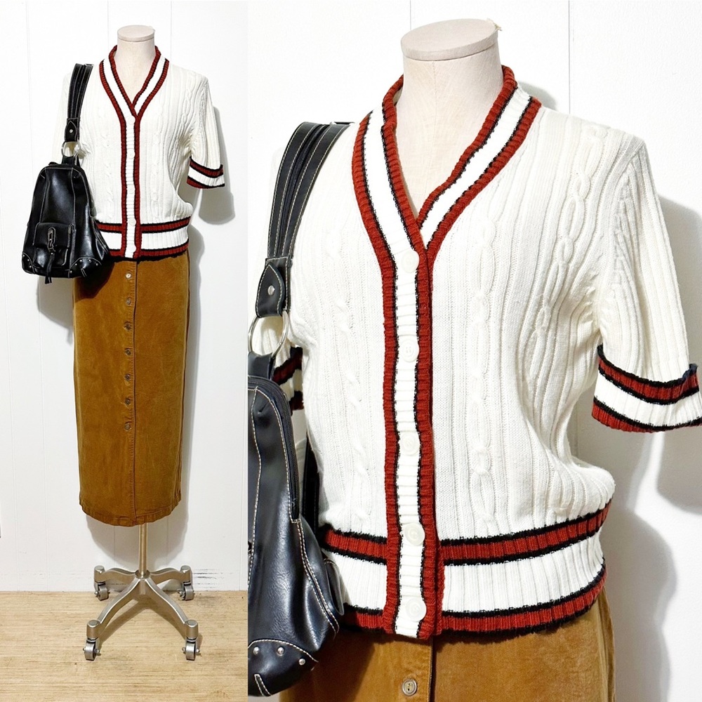 American Vintage Cream Cable Knit V-neck Cardigan with Red and Black Trim
